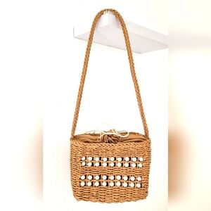 Beaded Tan Woven Shoulder Bag